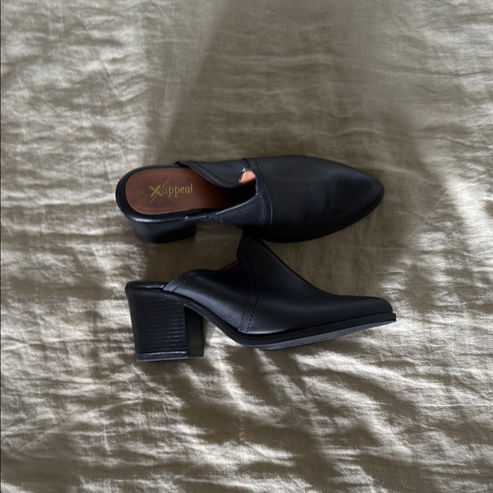Xappeal Black Leather Mules with Low Block Heel